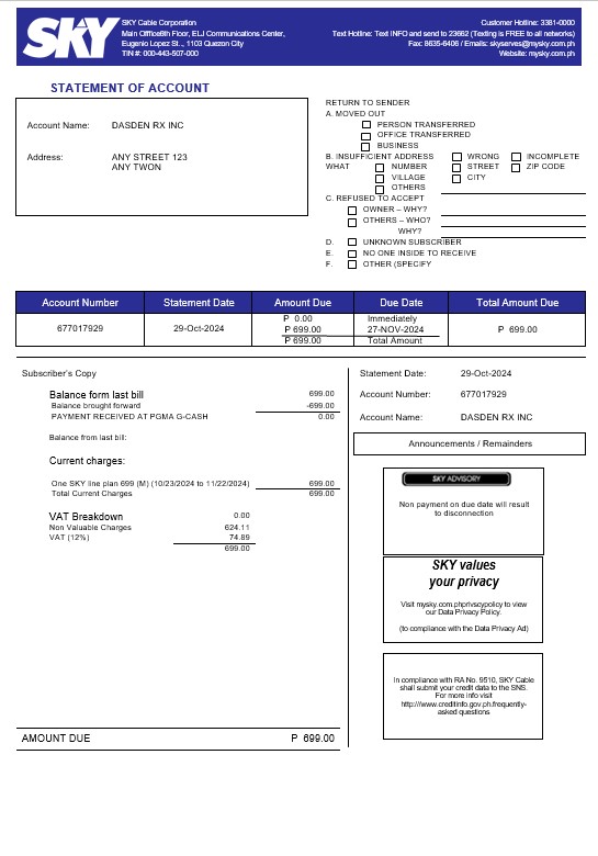 Philippines Sky Cable Corporation business utility bill Word and PDF template (2) PSD template